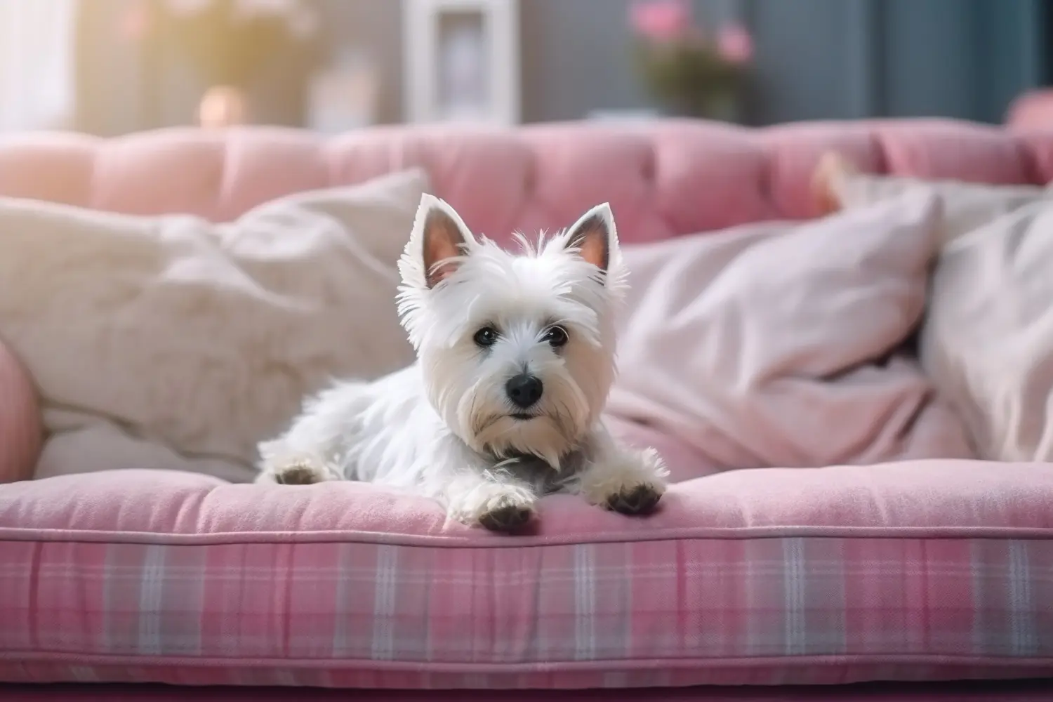 West Highland White Terrier sitzt auf der Couch im Princess-Resort 