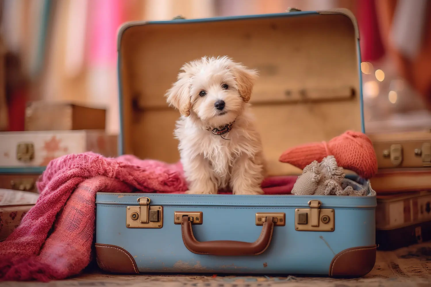 Niedlicher kleiner Hund sitzt auf einem Koffer für Princess-Resort 