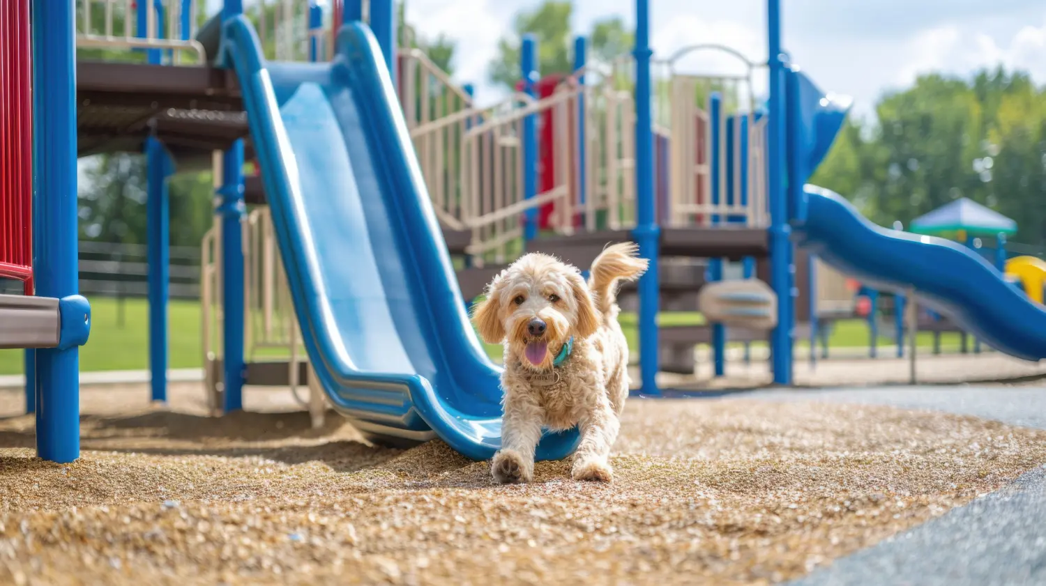 Glücklicher Hund auf einem Spielplatz im Princess-Resort